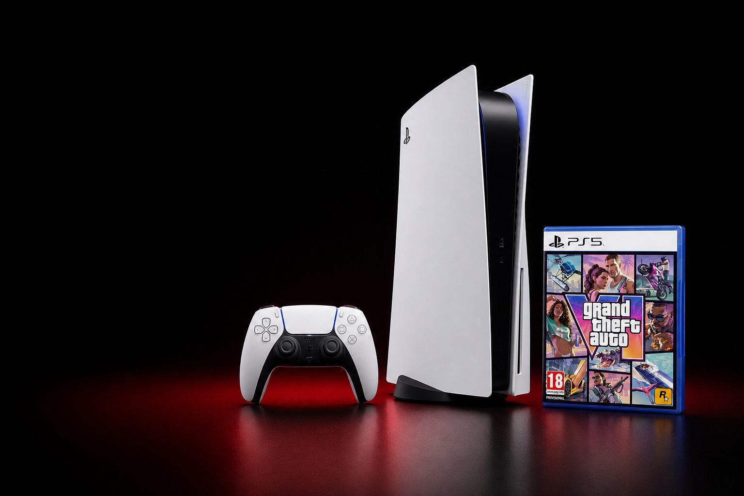 Klasická konzole PlayStation 5, ovladač a obal GTA VI